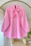 Yakası Bağcıklı Oversize Gömlek  Pembe