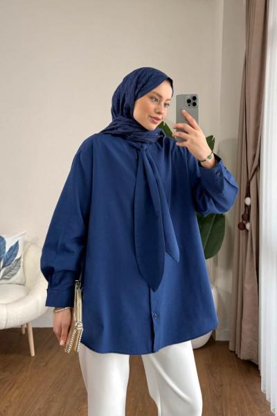 Yakası Bağcıklı Oversize Gömlek  Lacivert