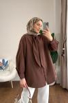 Yakası Bağcıklı Oversize Gömlek  Kahverengi