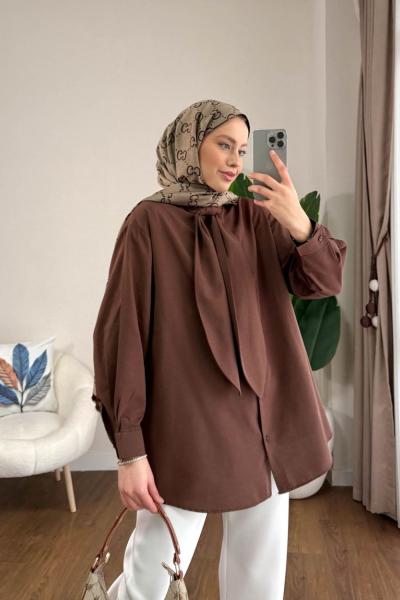 Yakası Bağcıklı Oversize Gömlek  Kahverengi