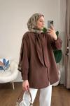 Yakası Bağcıklı Oversize Gömlek  Kahverengi