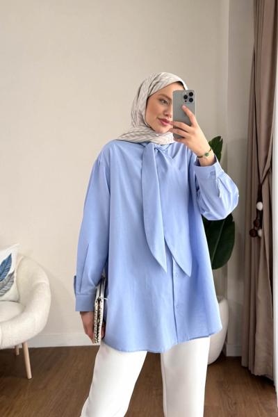 Yakası Bağcıklı Oversize Gömlek  Mavi