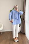 Yakası Bağcıklı Oversize Gömlek  Mavi