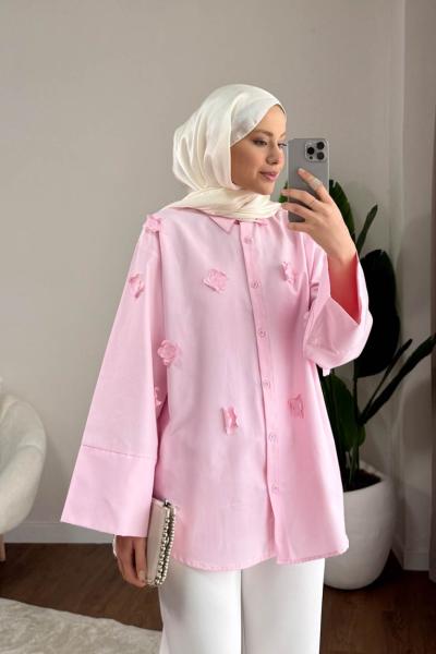 Gardenya Çiçekli Gömlek Pembe