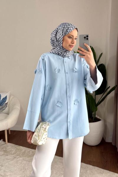 Gardenya Çiçekli Gömlek Mavi