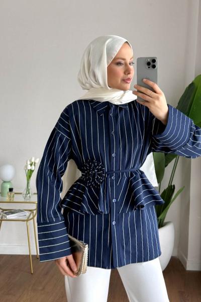 Rose Çizgili Gömlek  Lacivert