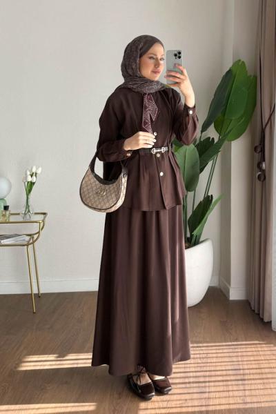 Fularlı Tensel Takım Kahverengi