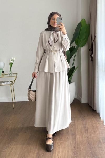 Fularlı Tensel Takım Bej