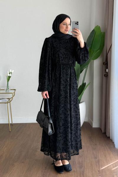 Balon Kol Floklu Elbise Siyah