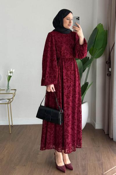 Balon Kol Floklu Elbise Kırmızı