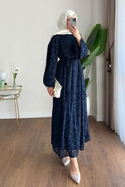 Balon Kol Floklu Elbise Lacivert