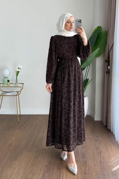 Balon Kol Floklu Elbise Kahverengi