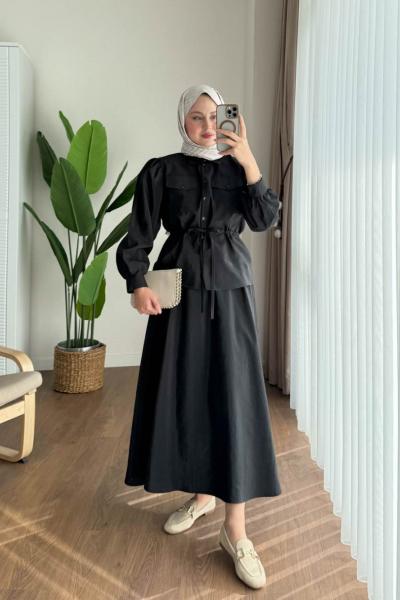 Cupra Beli Büzgülü Etekli Takım Siyah