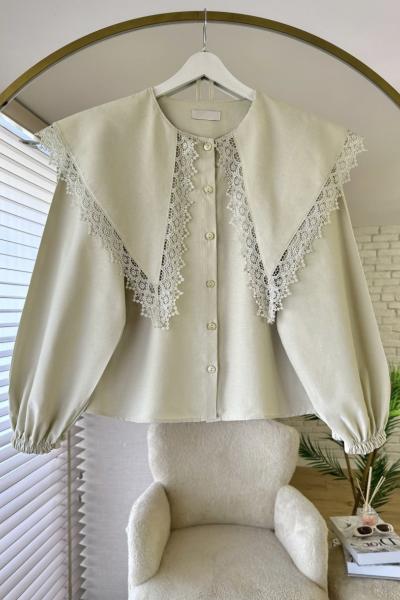 Dantel Yakalı Kısa Gömlek Yeşil