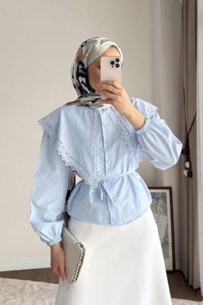 Dantel Yakalı Kısa Gömlek Mavi