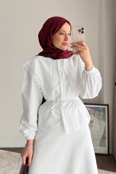 Dantel Yakalı Kısa Gömlek Ekru