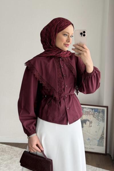 Dantel Yakalı Kısa Gömlek Bordo