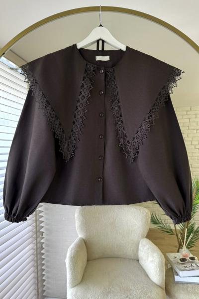 Dantel Yakalı Kısa Gömlek Kahverengi