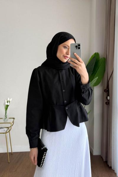 Eteği Fırfır Detaylı Kısa Gömlek Siyah