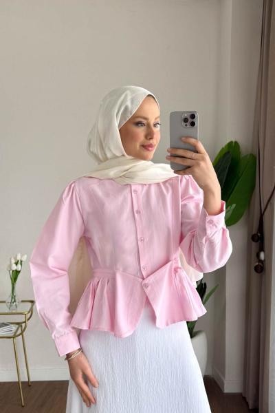 Eteği Fırfır Detaylı Kısa Gömlek Pembe