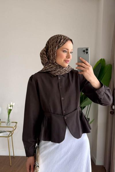 Eteği Fırfır Detaylı Kısa Gömlek Kahverengi