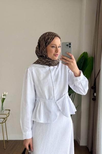 Eteği Fırfır Detaylı Kısa Gömlek Beyaz