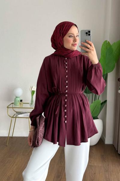 Brit Düğmeli Nervürlü Gömlek Mürdüm