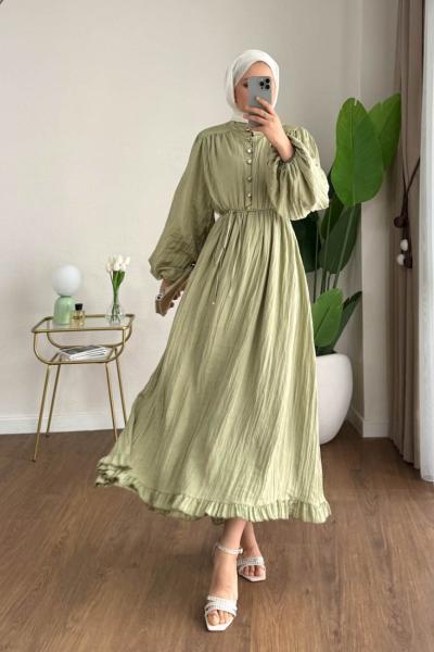 Ahenk Fırfırlı Piliseli Elbise Yeşil