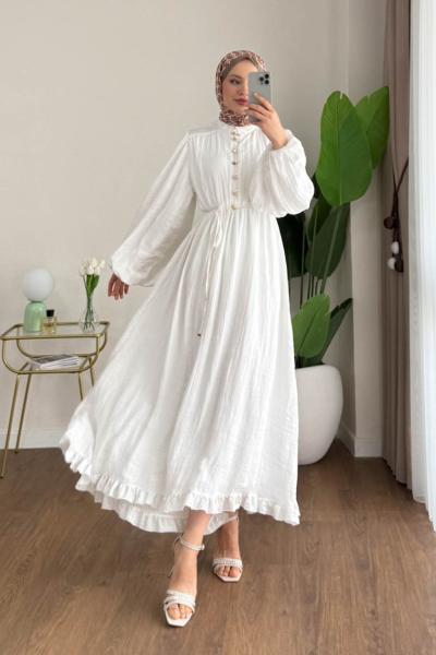 Ahenk Fırfırlı Piliseli Elbise Ekru