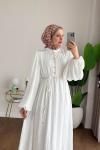 Ahenk Fırfırlı Piliseli Elbise Ekru