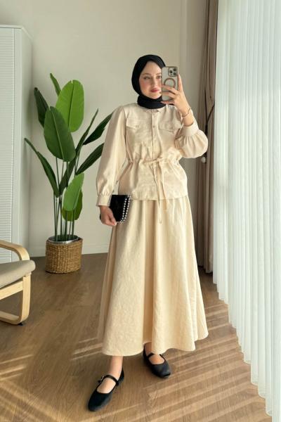 Cupra Beli Büzgülü Etekli Takım Taş Rengi