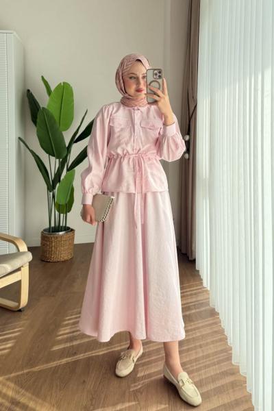 Cupra Beli Büzgülü Etekli Takım Pembe