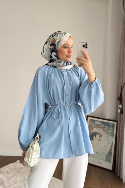 Yaka Fırfırlı Tunik Mavi