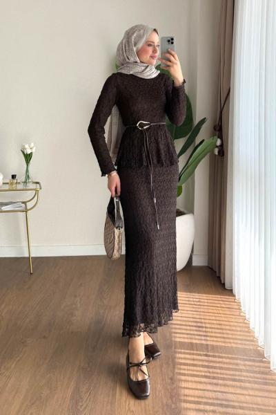 Layla Etekli Takım Kahverengi