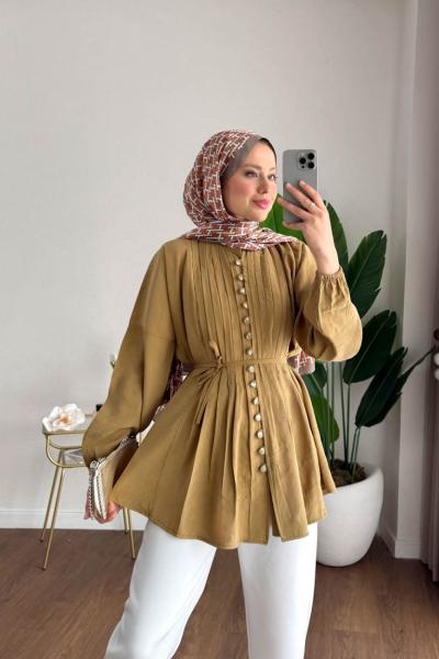 Brit Düğmeli Nervürlü Gömlek Yağ Yeşili