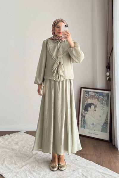 Buse Fırfırlı Etekli Takım  Yeşil