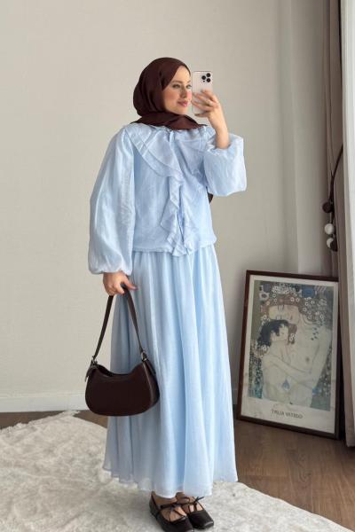 Buse Fırfırlı Etekli Takım  Mavi