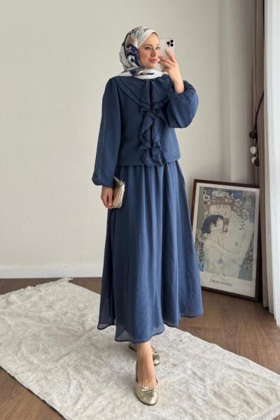 Buse Fırfırlı Etekli Takım  Lacivert