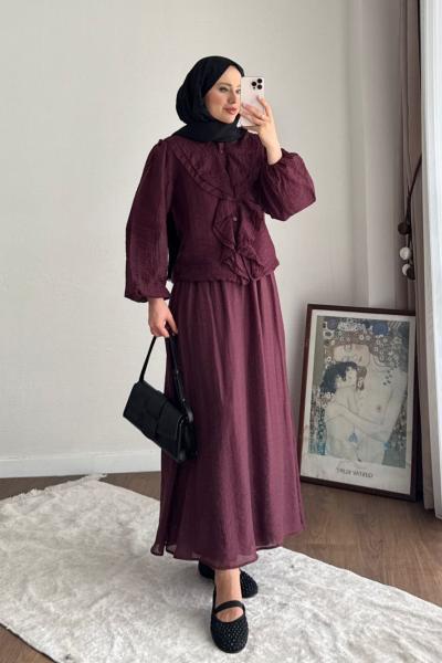 Buse Fırfırlı Etekli Takım  Bordo