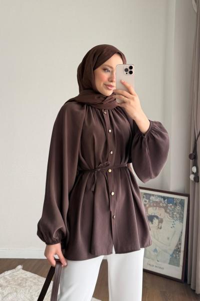 Yaka Fırfırlı Tunik Kahverengi