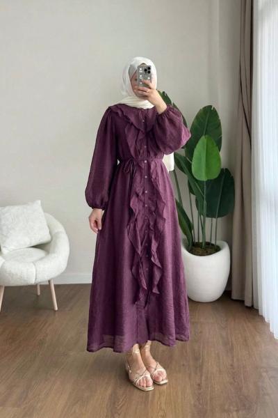 Kumru Fırfırlı Elbise Mürdüm