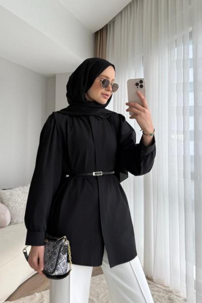 Omuz Volanlı  Gömlek  Siyah