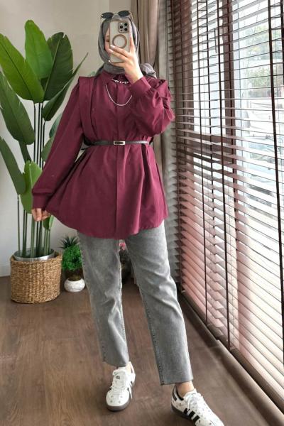 Omuz Volanlı Gömlek  Bordo