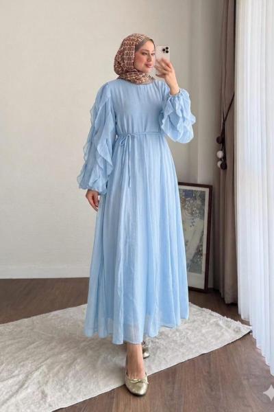 Kolu Fırfırlı Modal Elbise Mavi