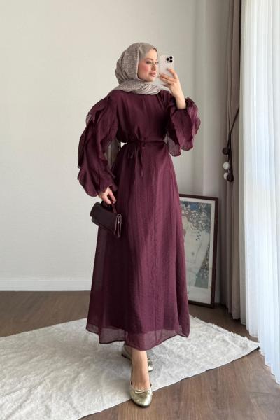 Kolu Fırfırlı Modal Elbise Mürdüm