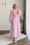 Kolu Fırfırlı Modal Elbise Pembe
