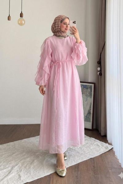 Kolu Fırfırlı Modal Elbise Pembe
