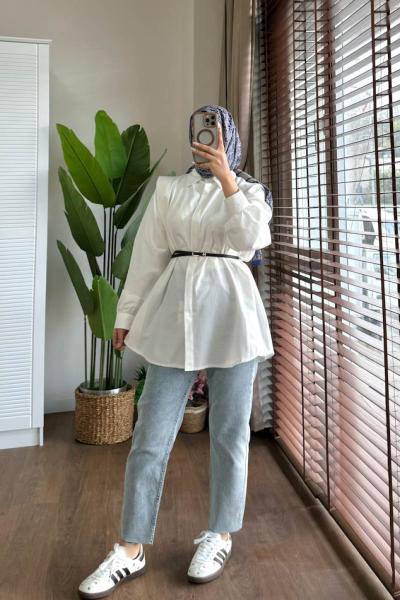 Omuz Volanlı  Gömlek  Beyaz