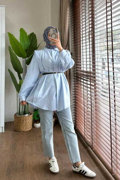 Omuz Volanlı  Gömlek  Bebe Mavisi