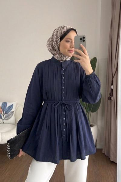 Brit Düğmeli Nervürlü Gömlek Lacivert